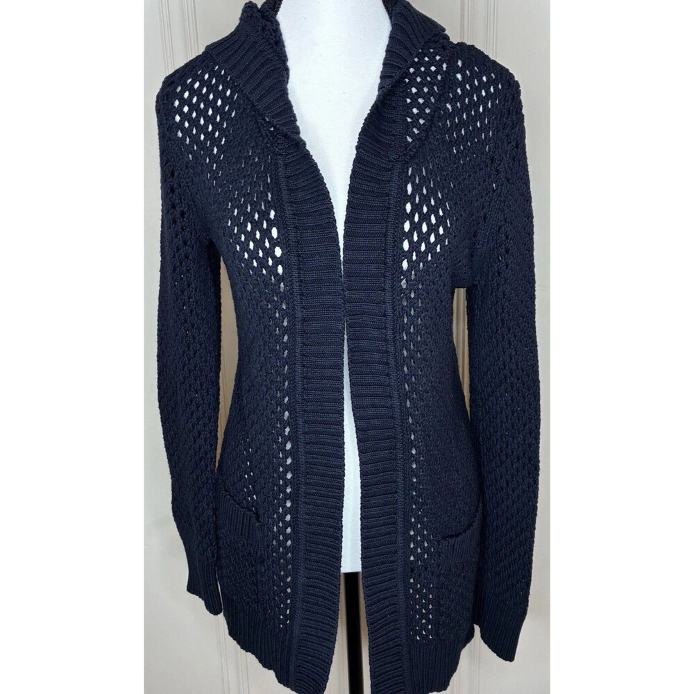 Hooded cardigan sweater small 100% cotton navy blue open knit boho layer coastal